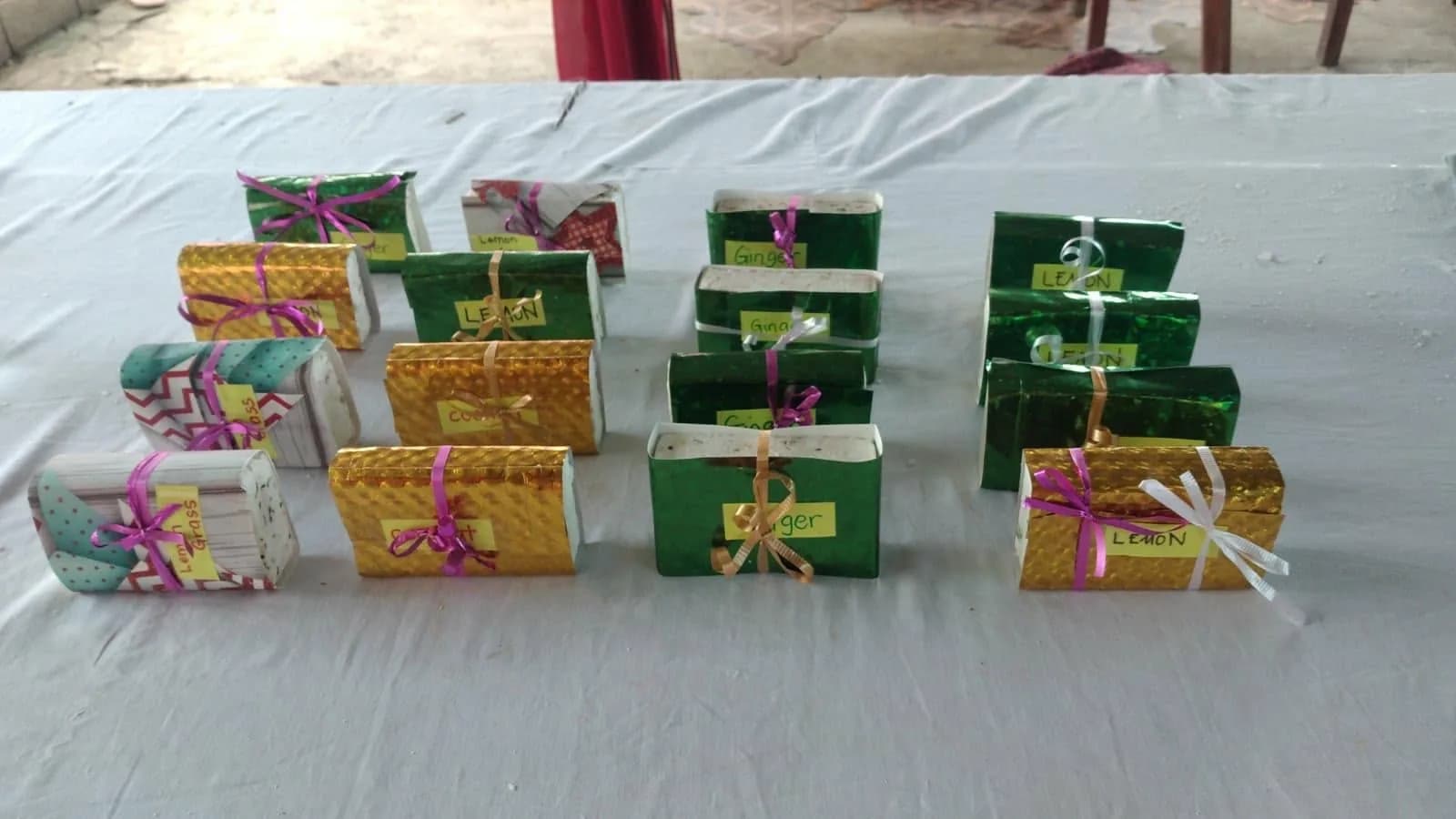 Wrapped handmade soaps prepared by Loloma Home
